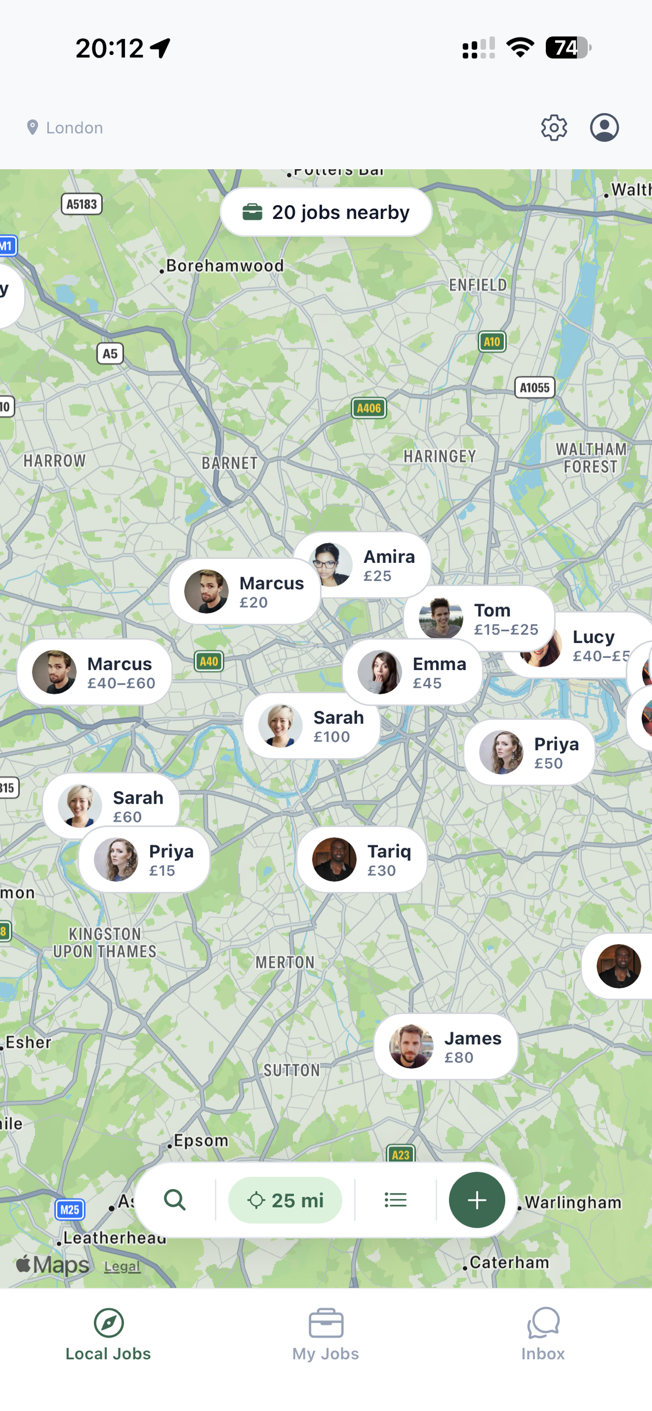 Localla map view showing nearby jobs across London
